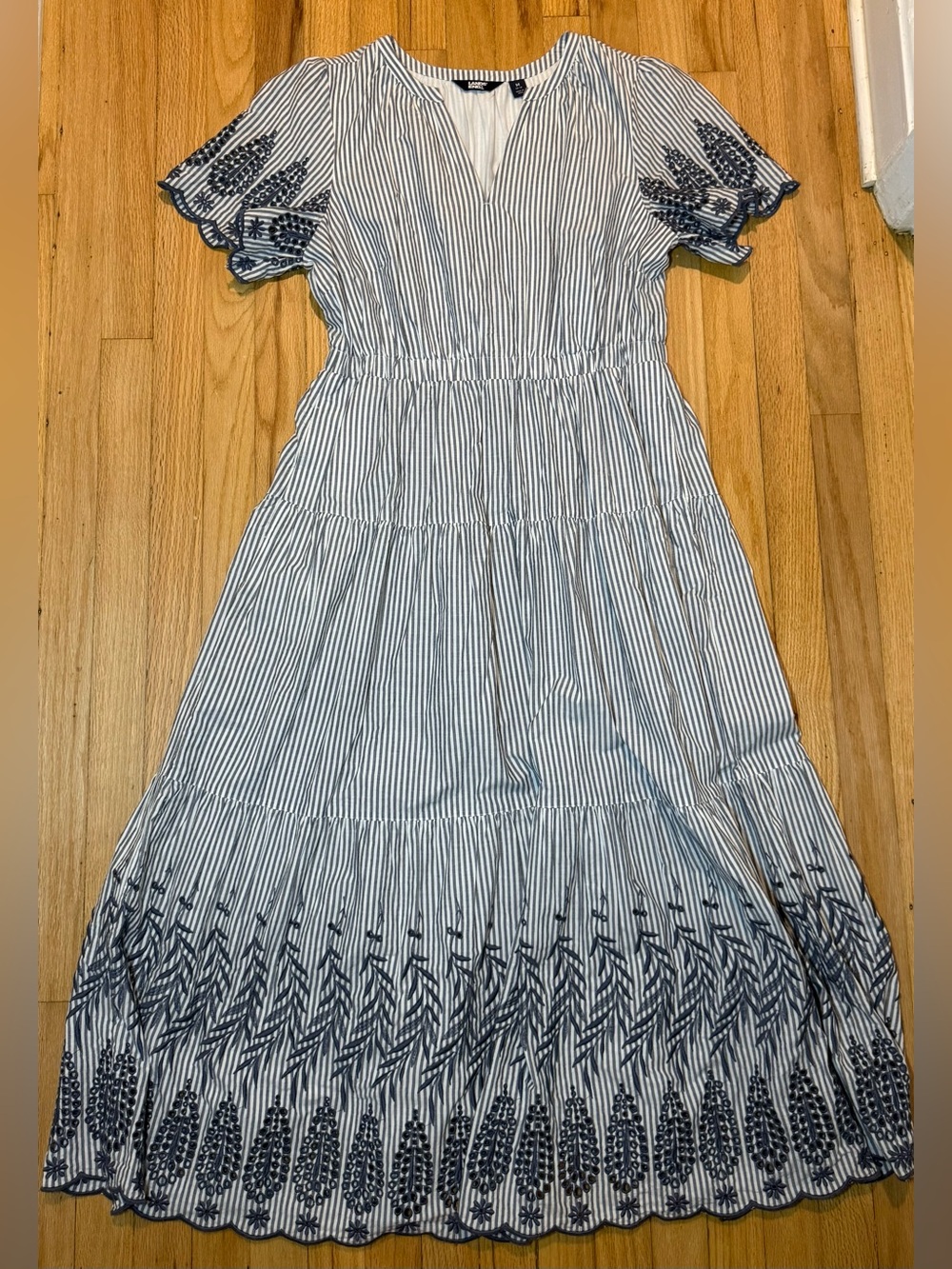 Lands' End Blue and White Striped Embroidered Maxi Dress